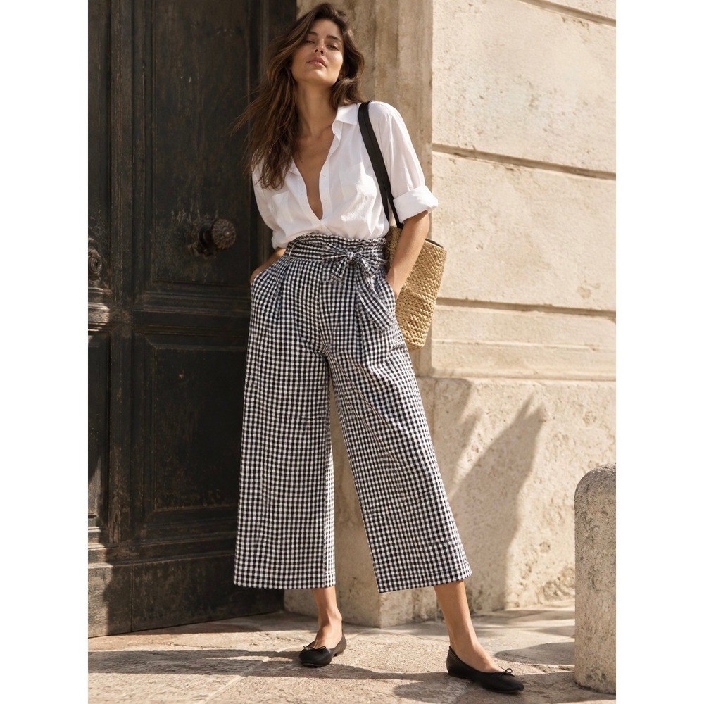 Zara Trafaluc Gingham Culottes M Tie Waist Wide Leg Pants Navy White Check Crop